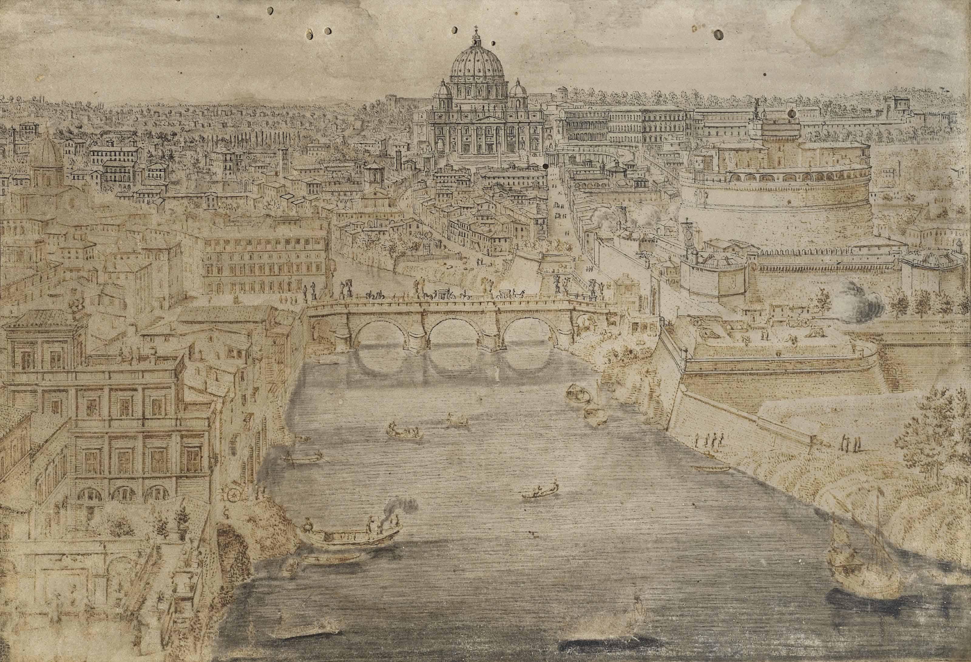 Lieven Cruyl - View of Rome with the Ponte Sant\' Angelo crossing the Tiber, the Basilica of Saint Peter\'s in the distance and the Castel Sant\' Angelo on the right
