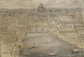 Lieven Cruyl - View of Rome with the Ponte Sant\' Angelo crossing the Tiber, the Basilica of Saint Peter\'s in the distance and the Castel Sant\' Angelo on the right