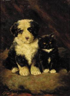 Lilian Cheviot - A Sheepdog Puppy With A Kitten