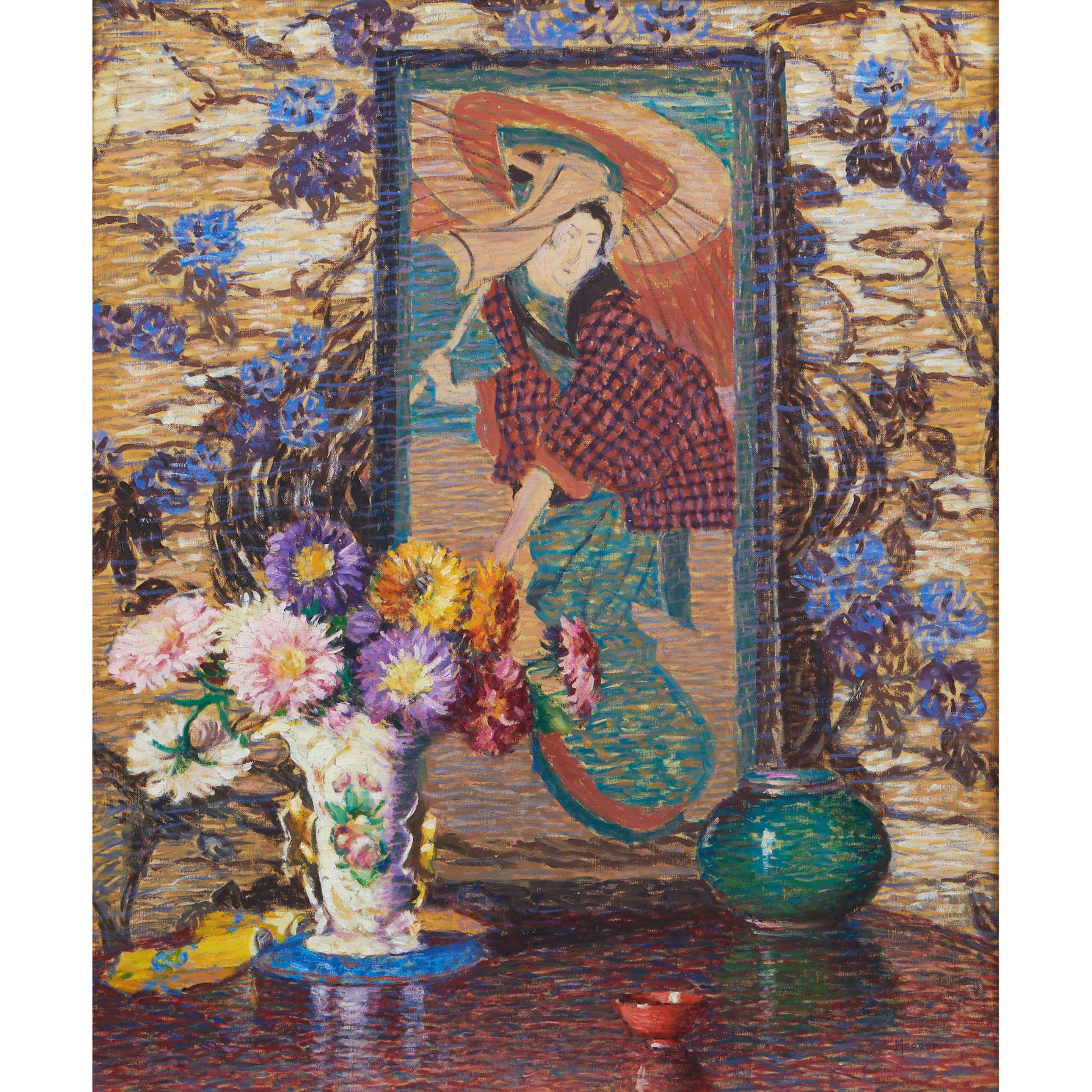 Lillian Burk Meeser - Still Life with Flowers and Japanese Painting