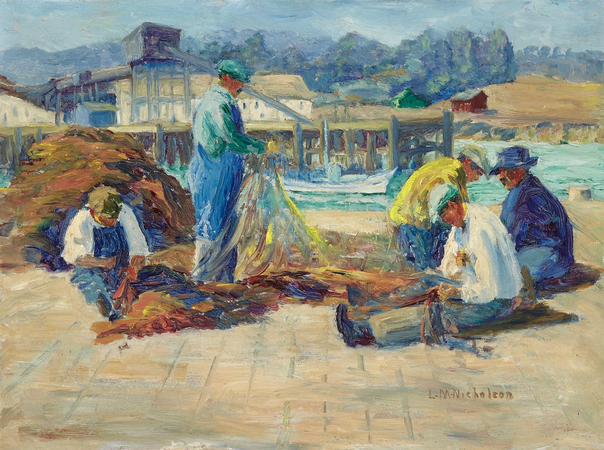 Lillie May Nicholson - Monterey fishermen tending nets 12 x 16in