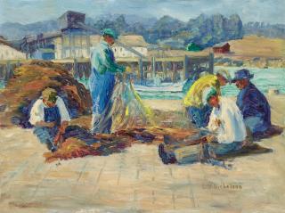 Lillie May Nicholson - Monterey fishermen tending nets 12 x 16in