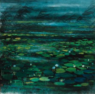 Lin Fengmian - a painting in ink and colour depicting a river covered in flowering waterlillies -- 26in. (66cms) square, signed and sealed, framed and glazed.