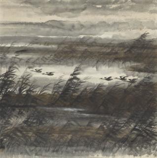 Lin Fengmian - Egrets Flying over Reeds