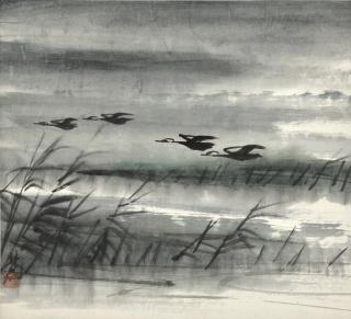 Lin Fengmian - Geese Flying By The Reeds