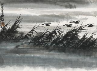 Lin Fengmian - Geese Flying Over Reeds Pond