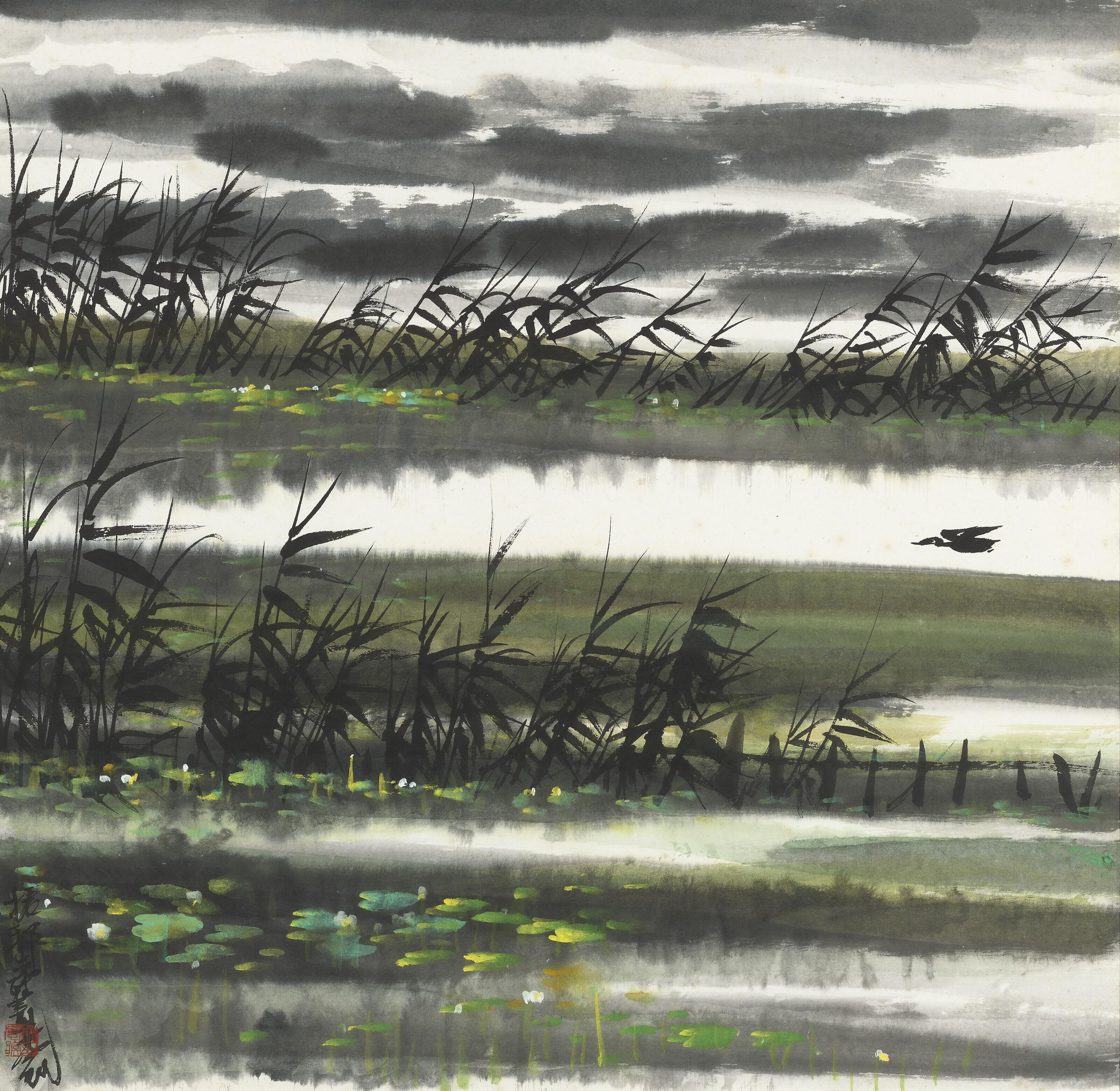 Lin Fengmian - Goose Flying Over Lotus Pond