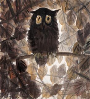 Lin Fengmian - Owl. Ink and colour on paper, signed and with the seal of the artist.