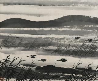 Lin Fengmian - Wild Geese Over Reedy Pond
