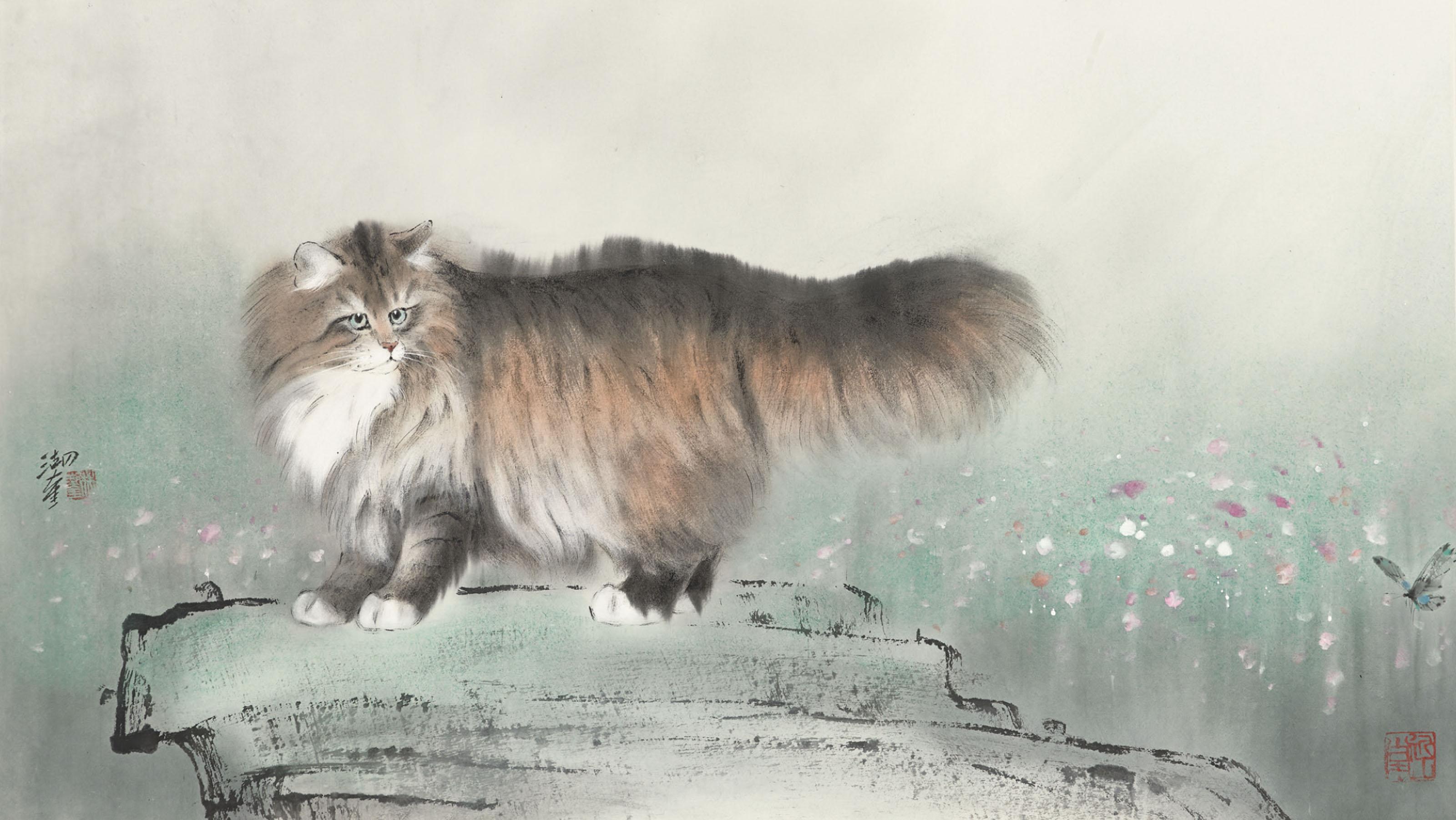 Lin Hukui - Cat Amongst Flowers and Rocks