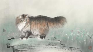 Lin Hukui - Cat Amongst Flowers and Rocks