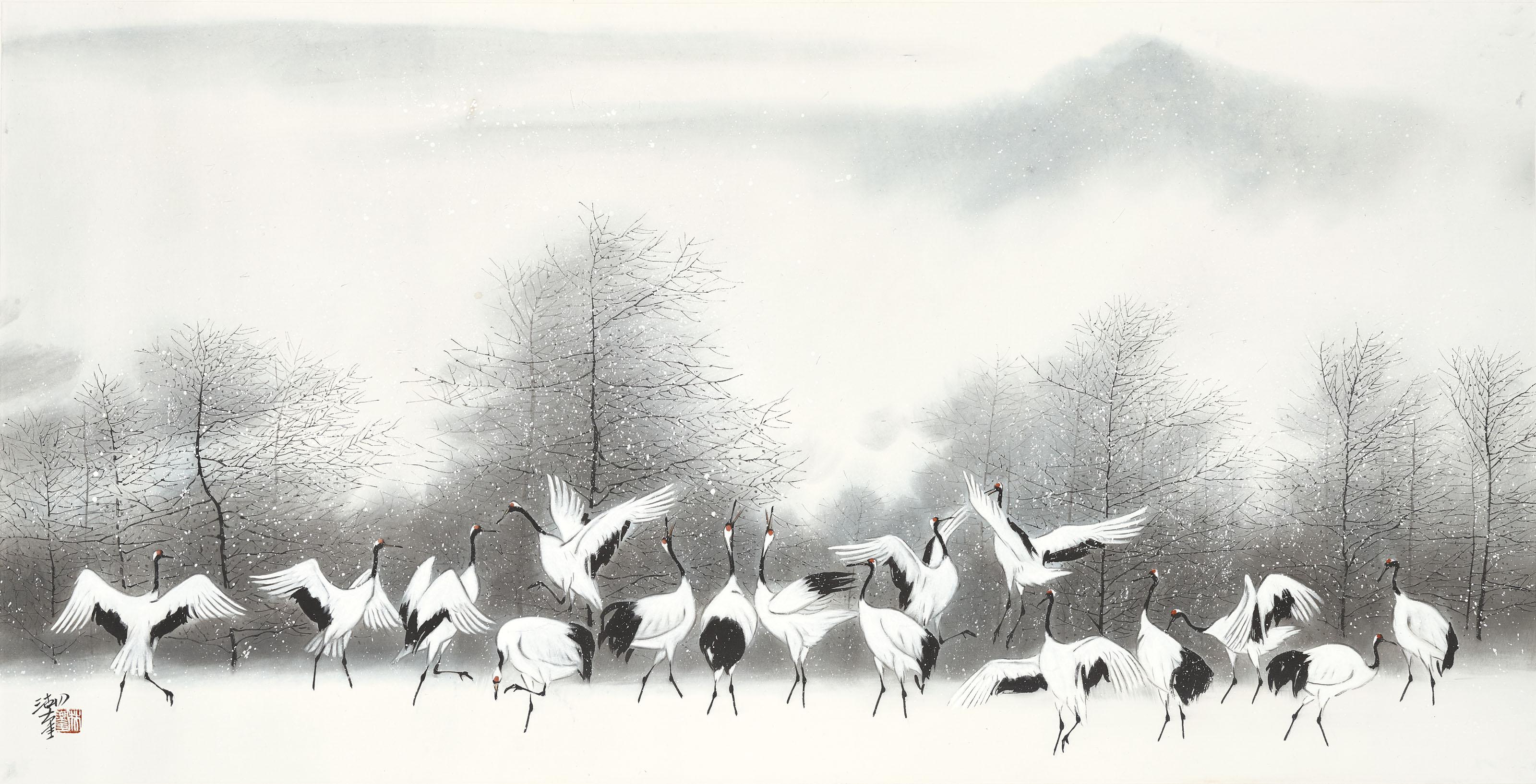 Lin Hukui - Cranes Frolicking Admist Snow