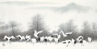 Lin Hukui - Cranes Frolicking Admist Snow