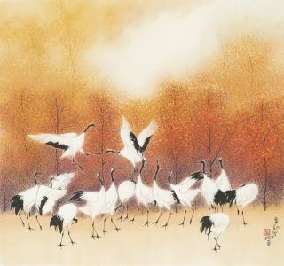 Lin Hukui - Cranes in an Autumn Forest