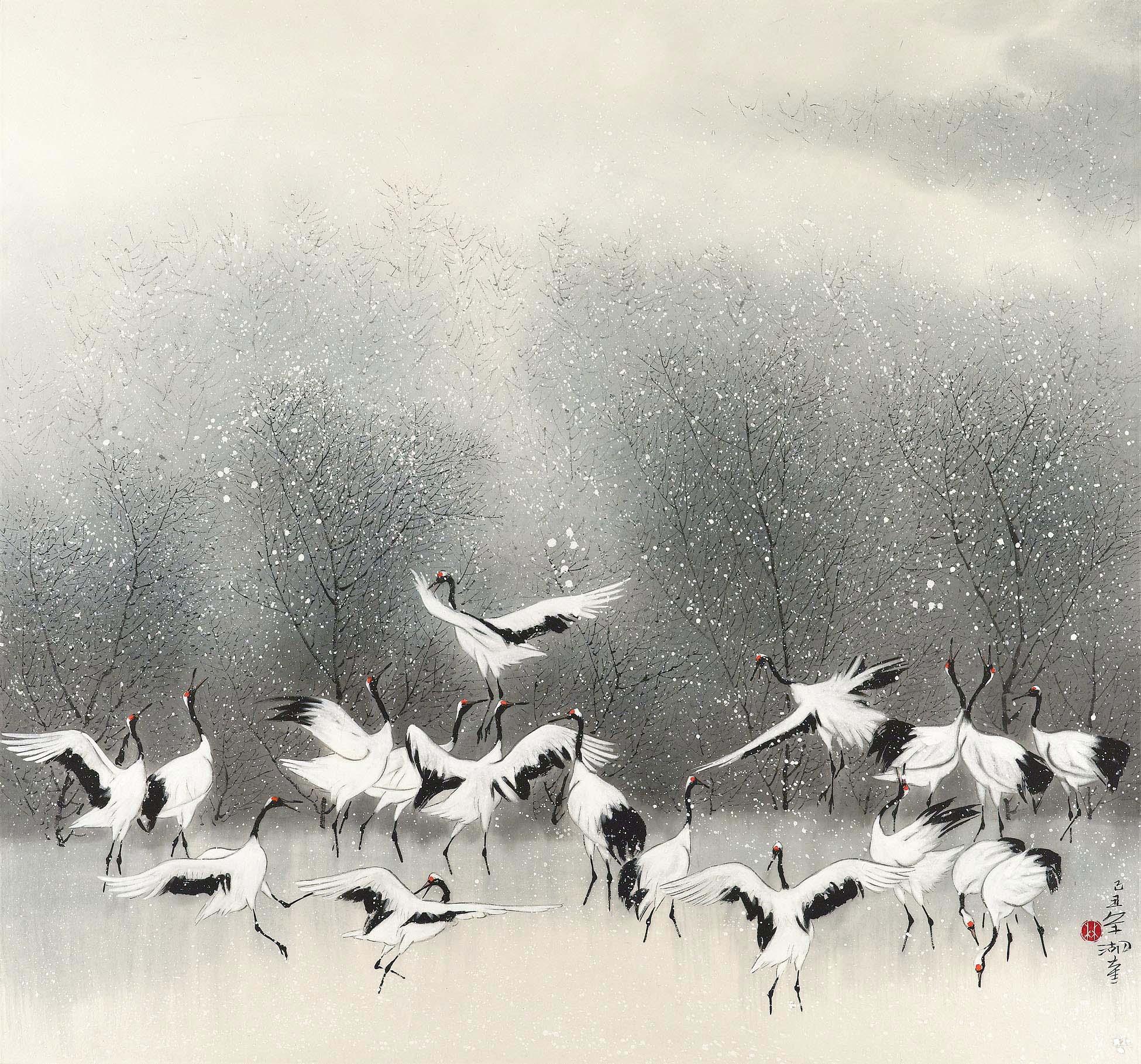 Lin Hukui - Cranes in Snow