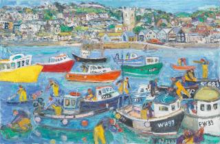 Linda Weir - Fishermen, St Ives - Jostling Harbour, High Tide