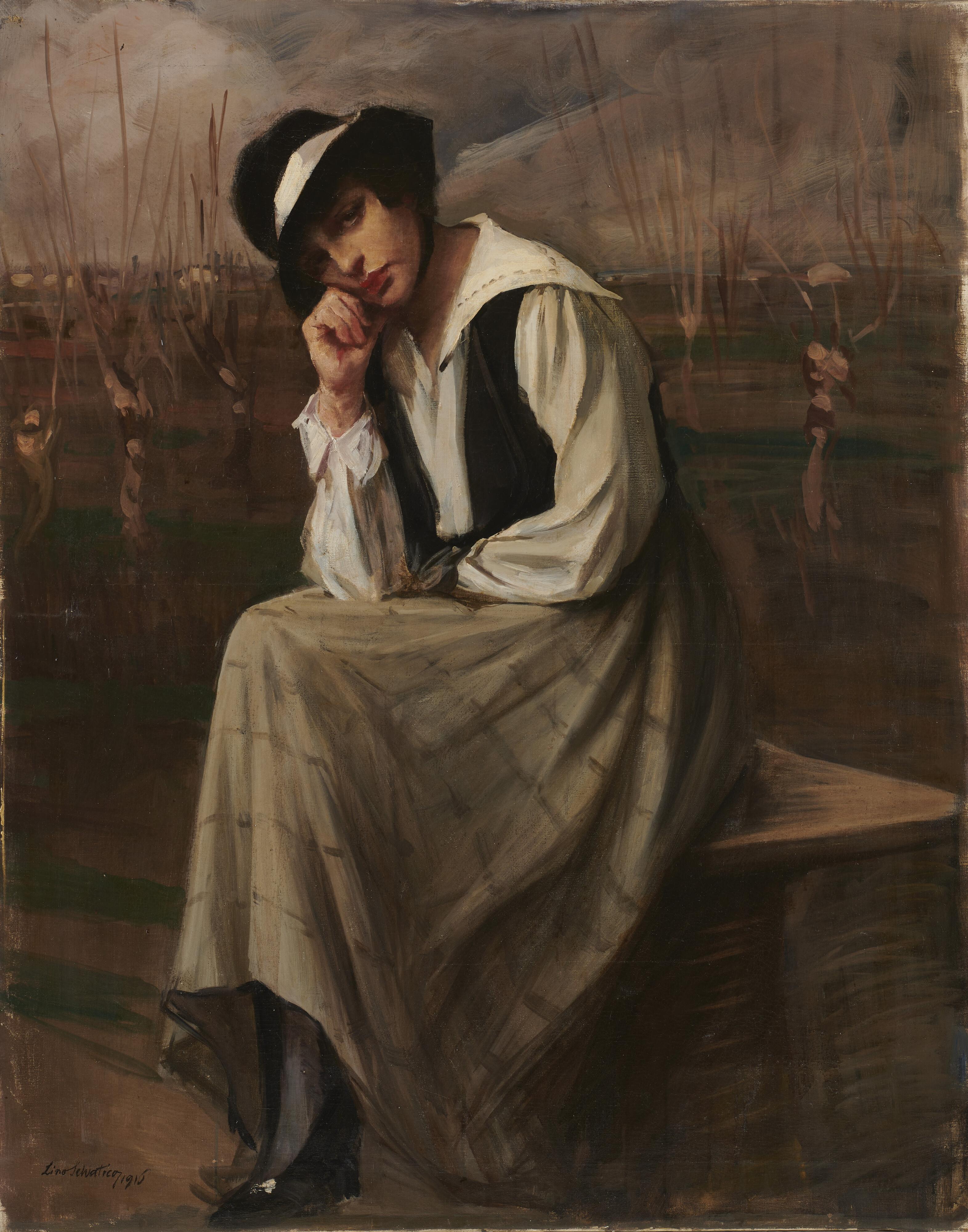 Lino Selvatico - Ritratto di signora entro paesaggio autunnale