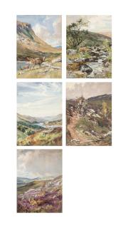 Lionel Dalhousie Robertson Edwards, R.I., R.C.A. - And Royal stags roaring; The brown peaty stream; And sleep in the heather, which carpets his house; Your hills and your glens; and The Sunlight so precious to stalker and ghillie