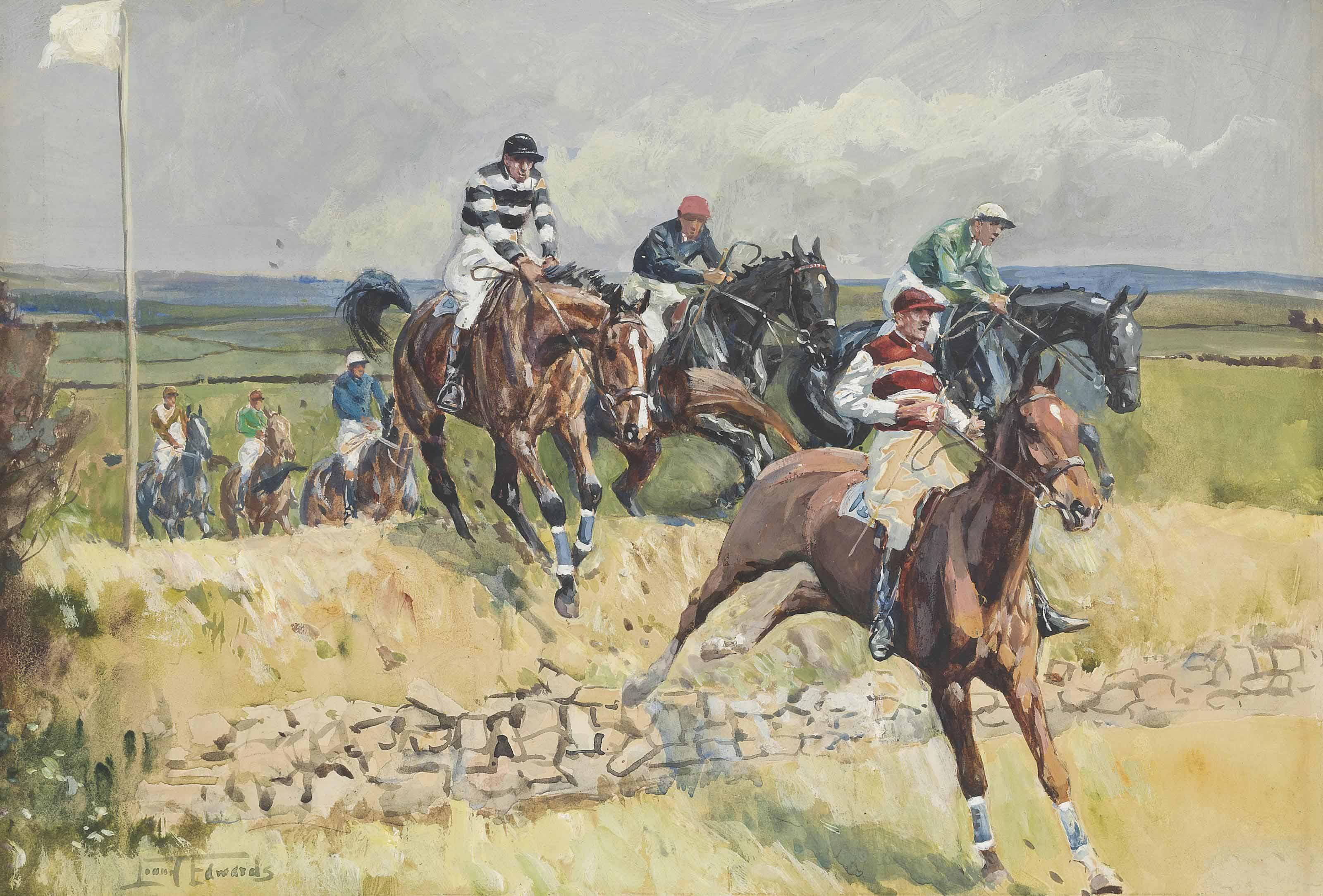 Lionel Dalhousie Robertson Edwards, R.I., R.C.A. - Leaping the fence - an Irish point-to-point