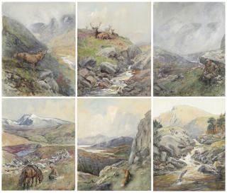 Lionel Dalhousie Robertson Edwards, R.I., R.C.A. - Monarch of the glen; The stag on the skyline; Stags on Glengarry; Stalking in the Highlands; Highland beauty; and Salmon in the pool
