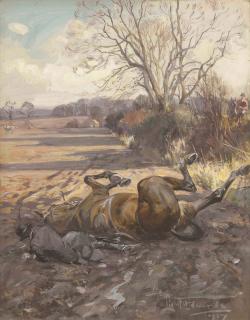 Lionel Dalhousie Robertson Edwards, R.I., R.C.A. - More dirt less hurt - a fall in the ploughlands