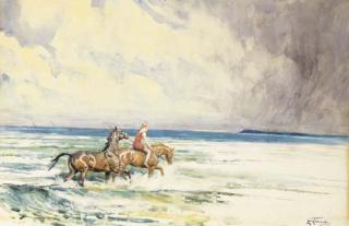 Lionel Edwards - Exercising horses in the surf
