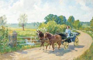 Lionel Edwards - Helen Tarver driving out, Well Lane, Mentmore