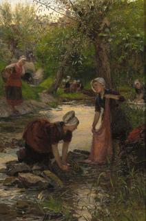 Lionel Percy Smythe, R.A., R.W.S., R.I., R.O.I. - Brittany girls washing in a stream