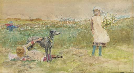 Lionel Percy Smythe, R.A., R.W.S. - Children playing playing with a greyhound at the edge of a meadow