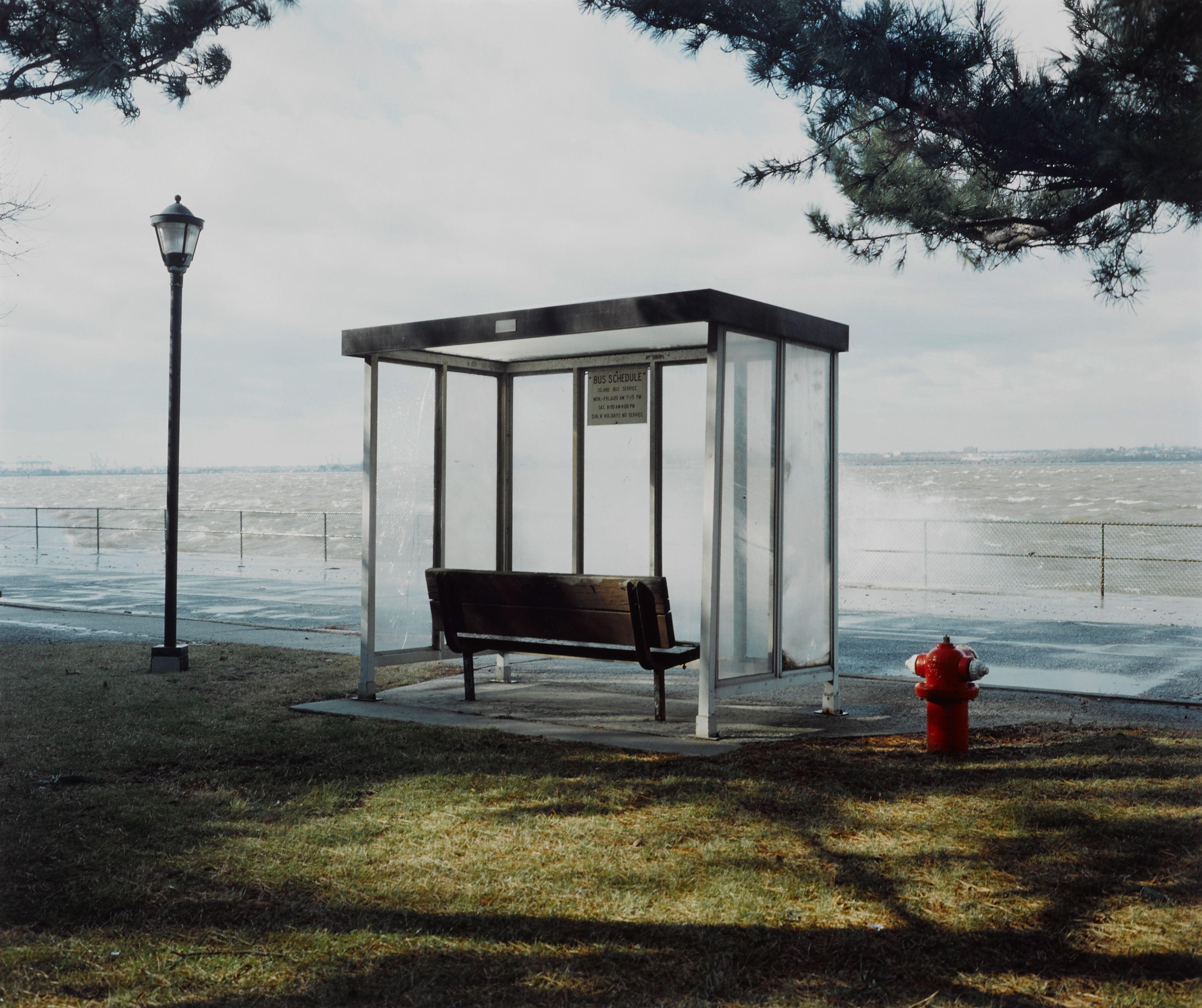 Lisa Kereszi - Bus Stop with sea spray, Governor\'s Island, New York