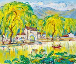 Liu Haisu - Lotus by the Willow Bank(Painted in 1982)