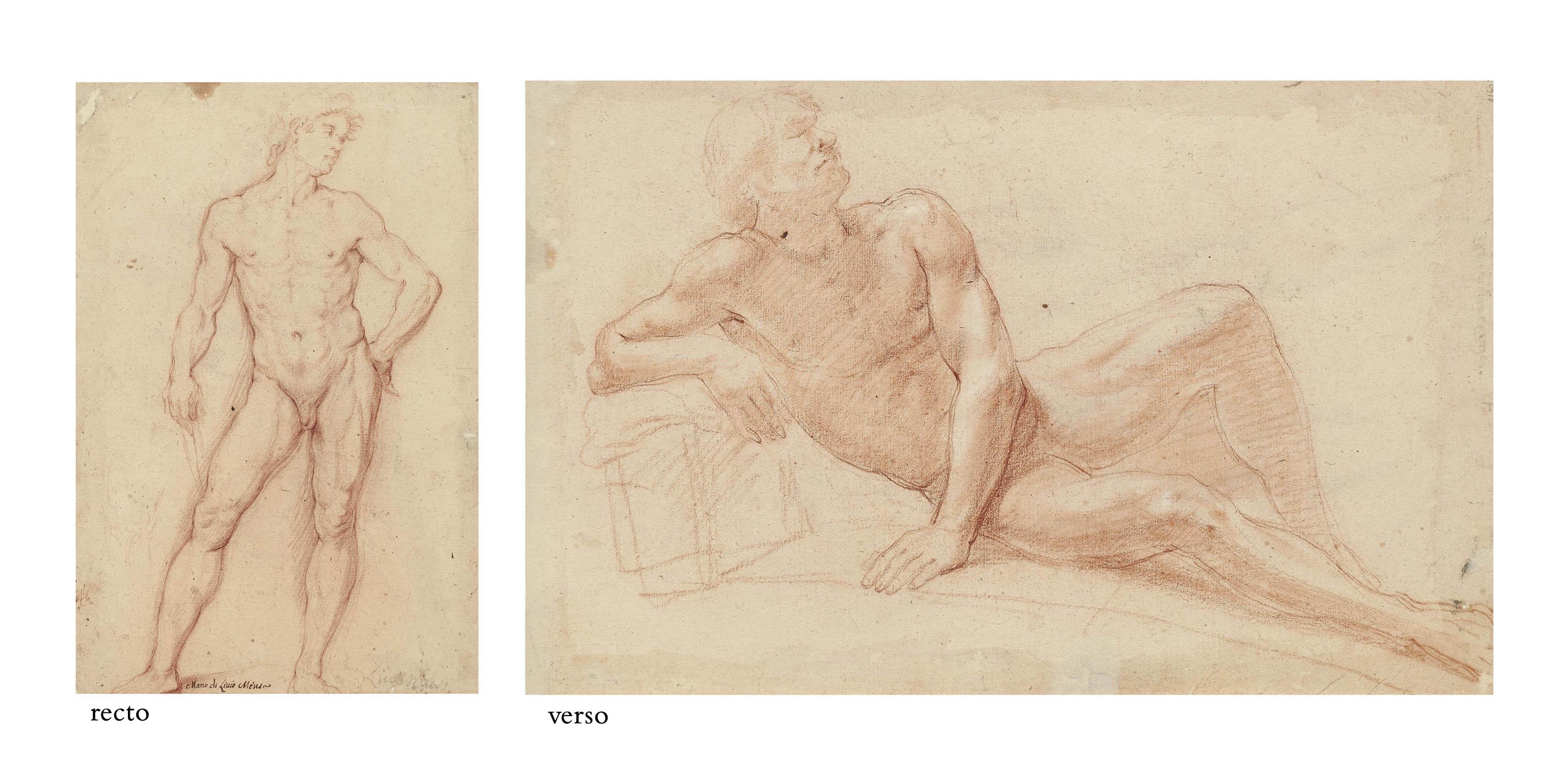 Livio Mehus - A standing male nude holding a sling, probably a study for a David (recto); A reclining male nude with eyes closed (verso)