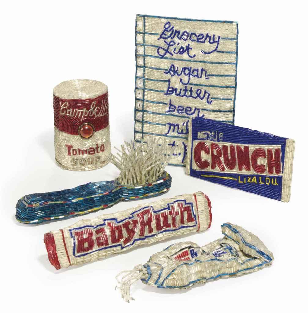 Liza Lou - Grocery List, Campbell\'s Soup Can, Toothbrush, Toothpaste, Baby Ruth Bar and Nestle Crunch King Size Bar