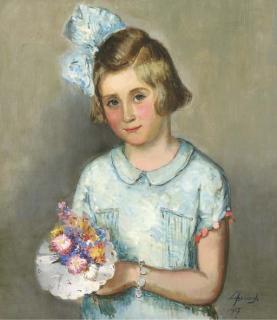 Lizzy Ansingh - Girl In A Blue Dress With A Bouquet of Flowers