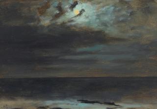 Lockwood De Forest - Moon Setting Over Pacific Shoals and Full Moon – Calm Sea (a group of two) each 10 x 14 in. each framed 15 x 20 in.