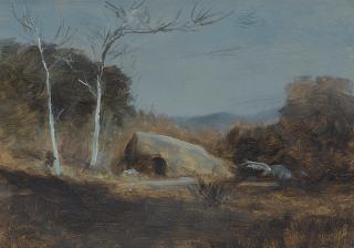 Lockwood De Forest - Nocturne with Large Rock and Nocturne from Santa Cruz Island (a group of two) first 9 1/2 x 13 1/2 in.; second 9 x 13 1/2 first framed 15 1/2 x 19 1/2 in.; second framed 15 x 19 1/2