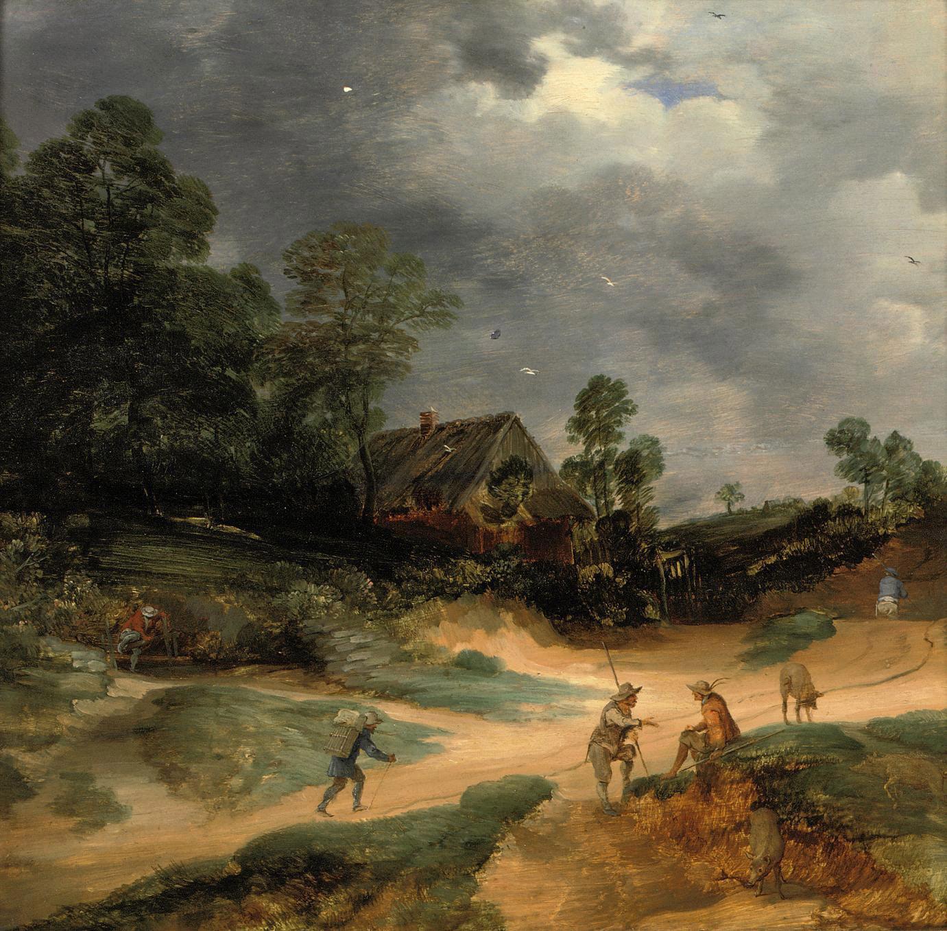 Lodewijk de Vadder - A dune landscape with figures and pigs on a track near a cottage
