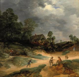 Lodewijk de Vadder - A dune landscape with figures and pigs on a track near a cottage