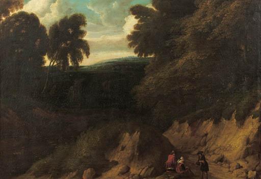 Lodewijk De Vadder - A sportsman conversing with travellers on a path at the edge of a wood