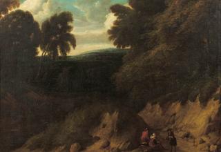 Lodewijk De Vadder - A sportsman conversing with travellers on a path at the edge of a wood