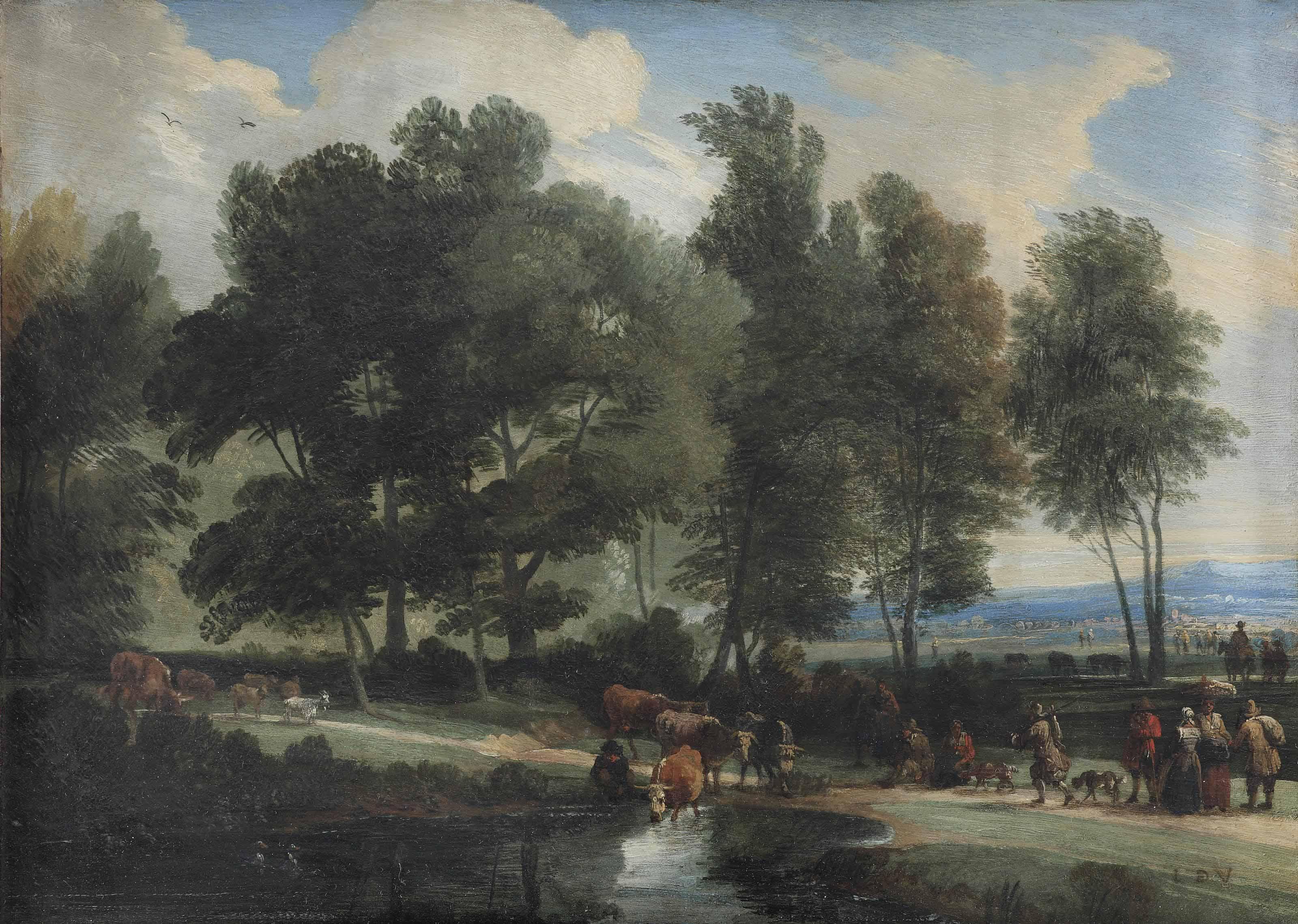 Lodewijk De Vadder - A view of \'Forêt de Soignes\' with a cow herder watering his cattle, a huntsman and other travellers on a sandy path