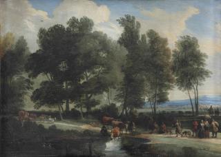 Lodewijk De Vadder - A view of \'Forêt de Soignes\' with a cow herder watering his cattle, a huntsman and other travellers on a sandy path