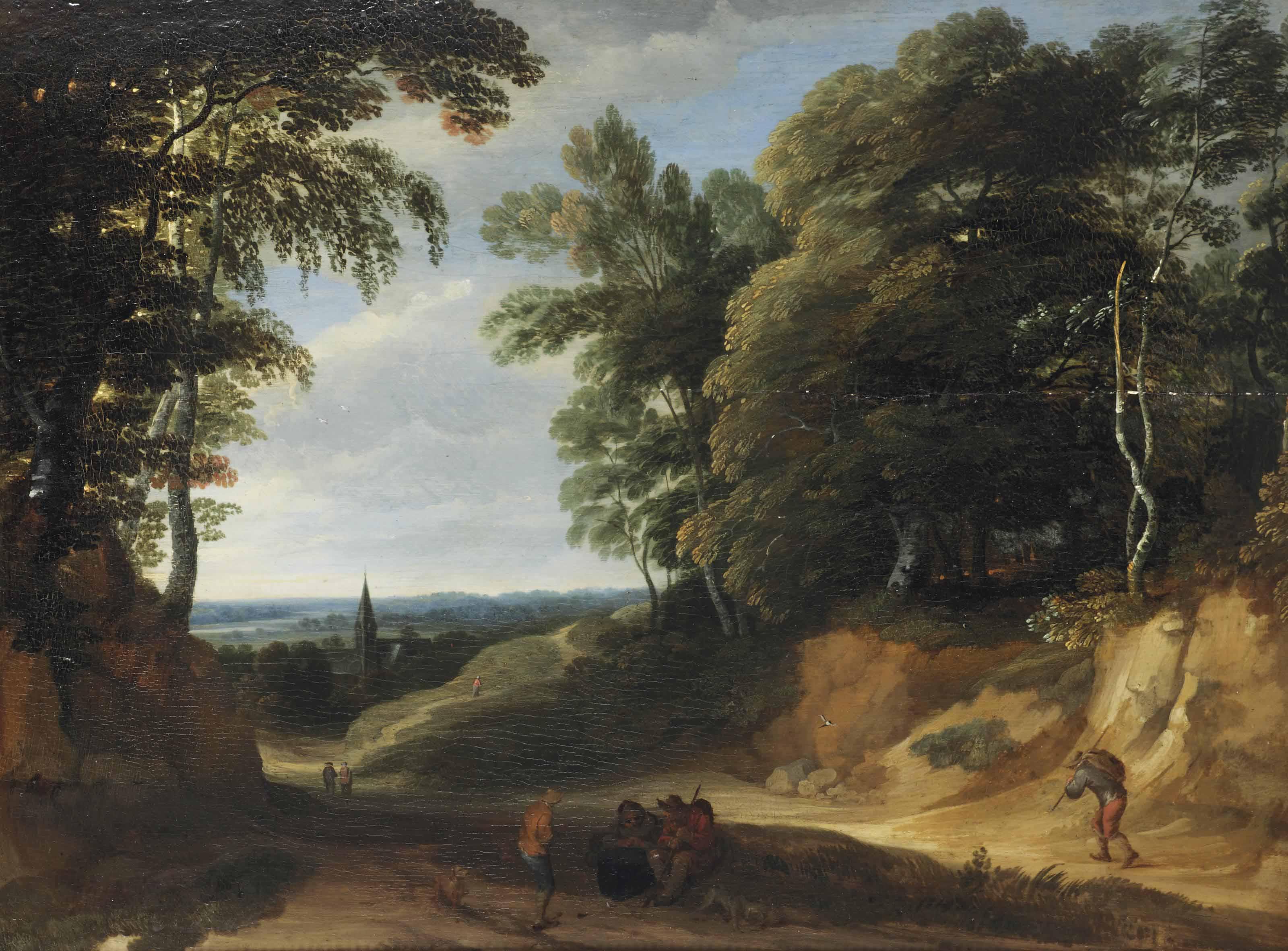 Lodewijk de Vadder - A wooded landscape with figures on a path, a village beyond