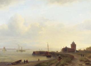 Lodewijk Johannes Kleijn - A panoramic river landscape with figures on an embankment and a town in the distance
