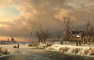 Lodewijk Johannes Kleijn - A snow-covered landscape with skaters on a frozen waterway