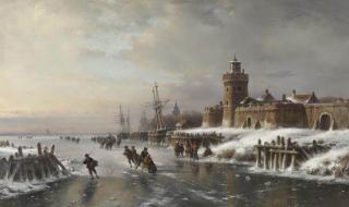 Lodewijk Johannes Kleijn - A winter landscape with figures skating near a fortified town