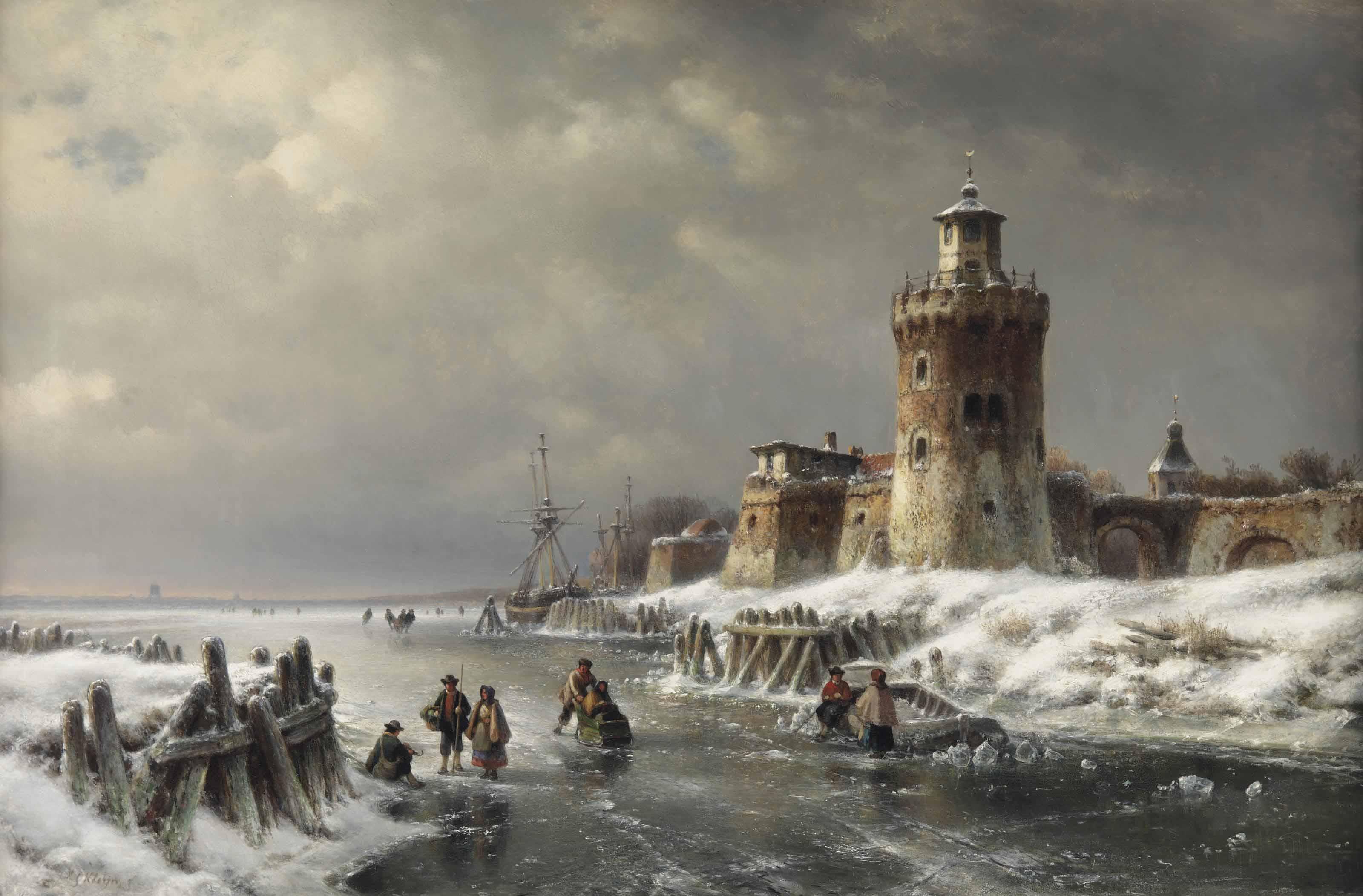 Lodewijk Johannes Kleijn - A Winter Landscape With Figures Skating Near A Fortified Town