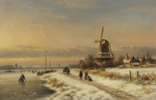 Lodewijk Johannes Kleijn - A winter landscape with skaters near a windmill