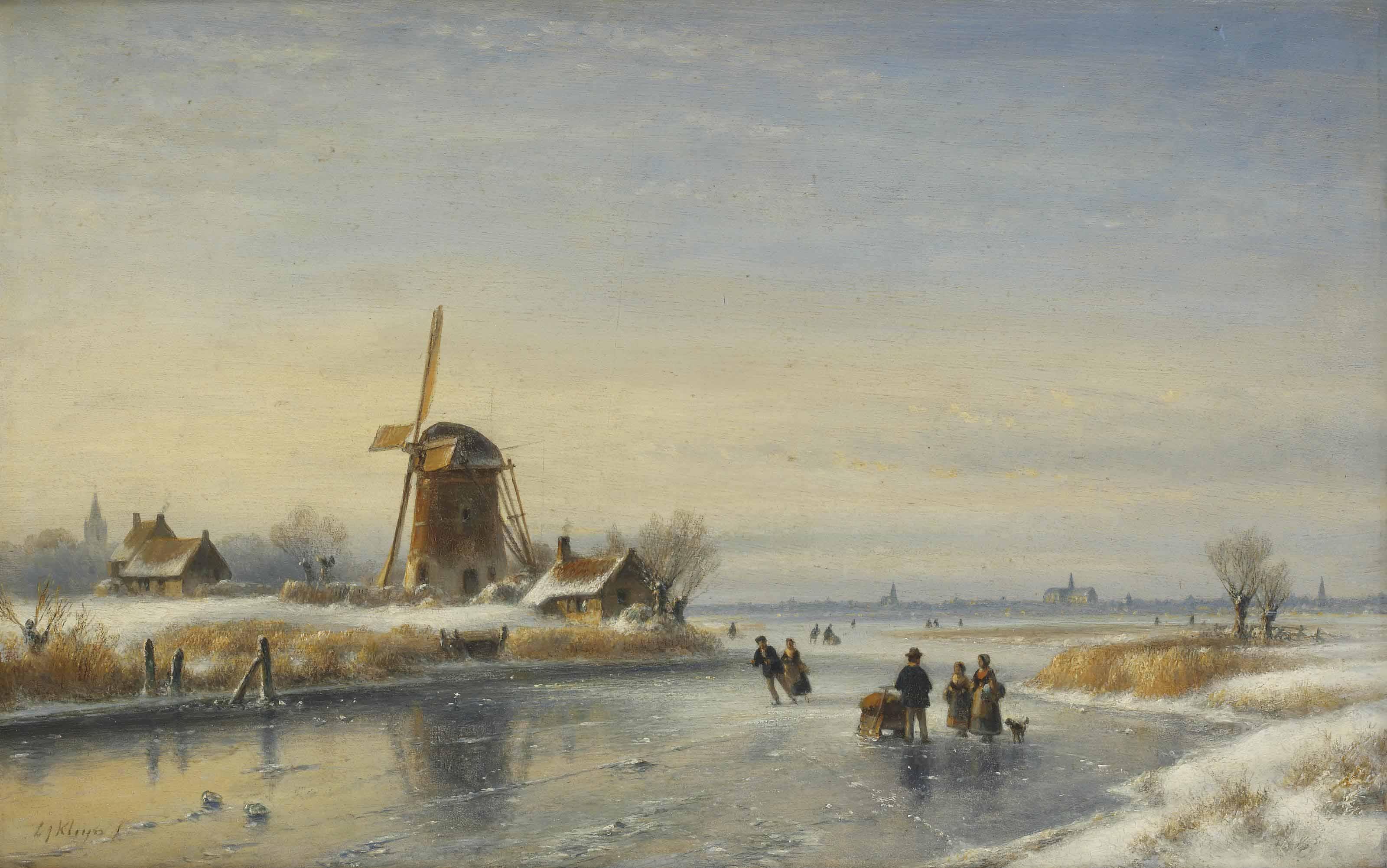 Lodewijk Johannes Kleijn - A winter landscape with skaters on a frozen river, Haarlem in the distance