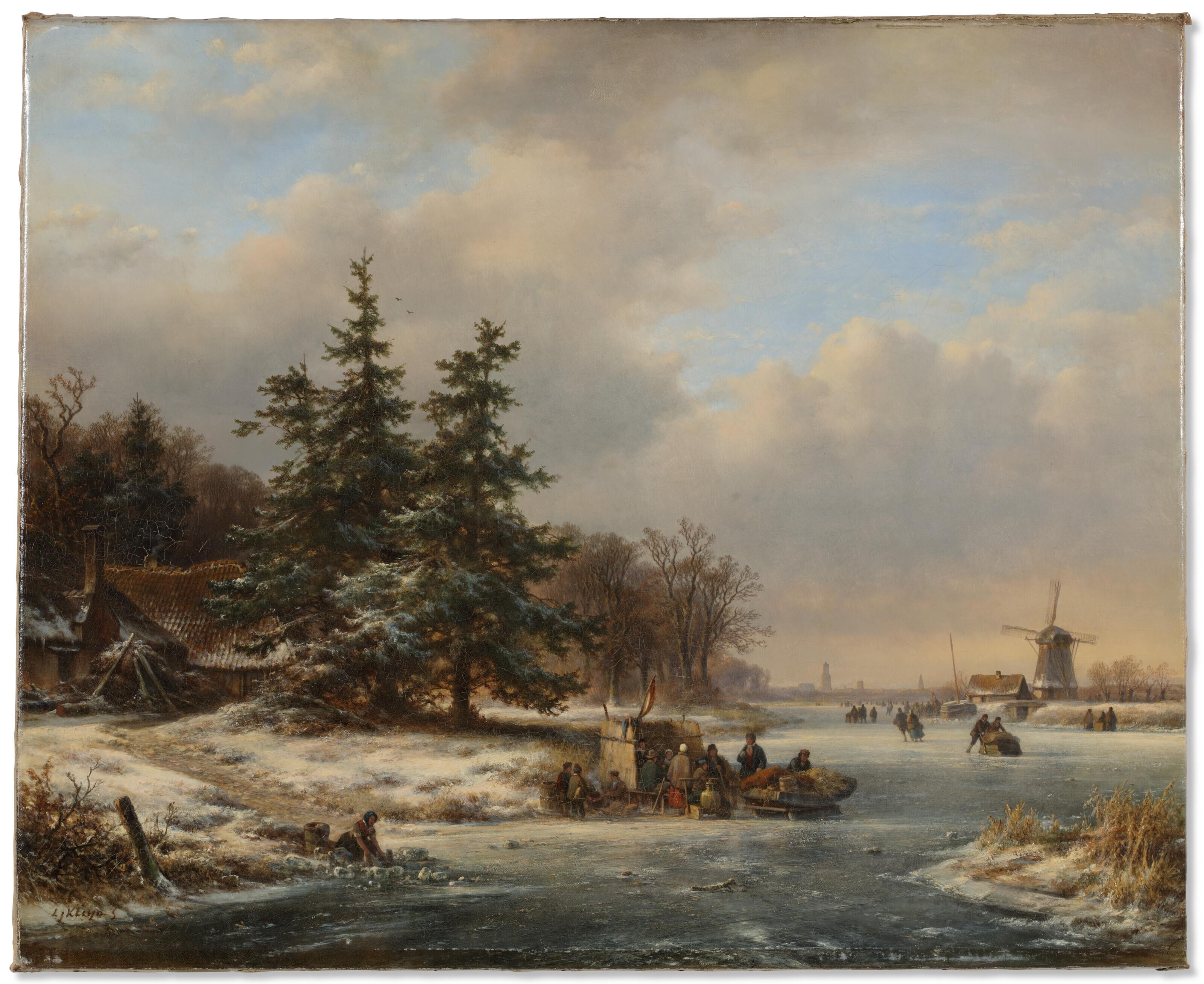 Lodewijk Johannes Kleijn - A winterlandscape with skaters on the ice near a koek-en-zopie, Utrecht in the distance